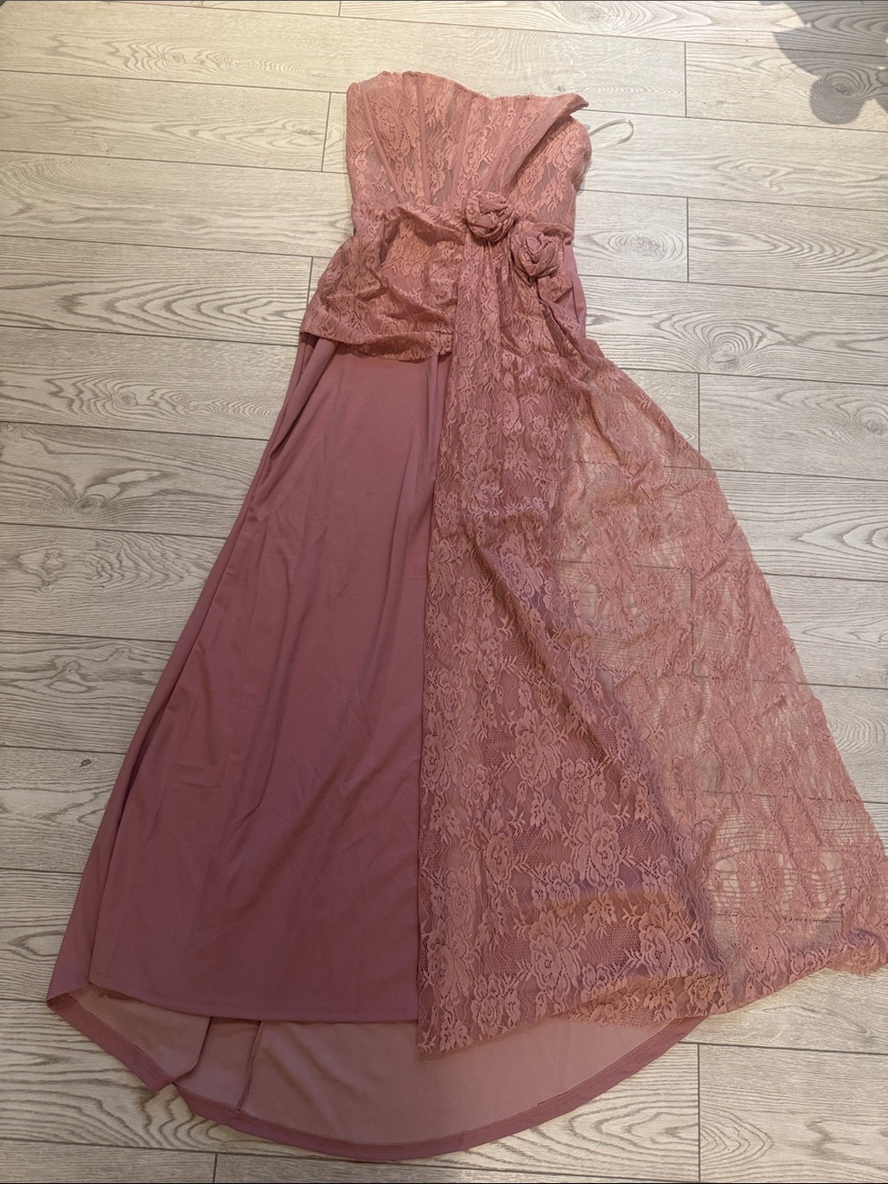 Strapless Dusty Rose Lace-Overlay Maxi Dress